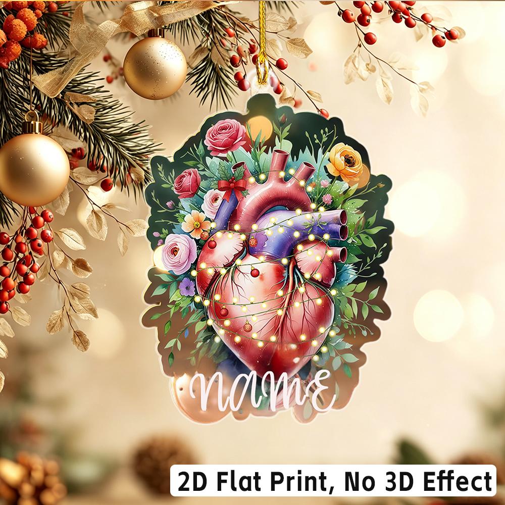 2D Flat Custom Name Irregular Acrylic Ornament,Floral Wrapped Heart Artwork Xmas Tree Hanging Pendant Holiday Gift