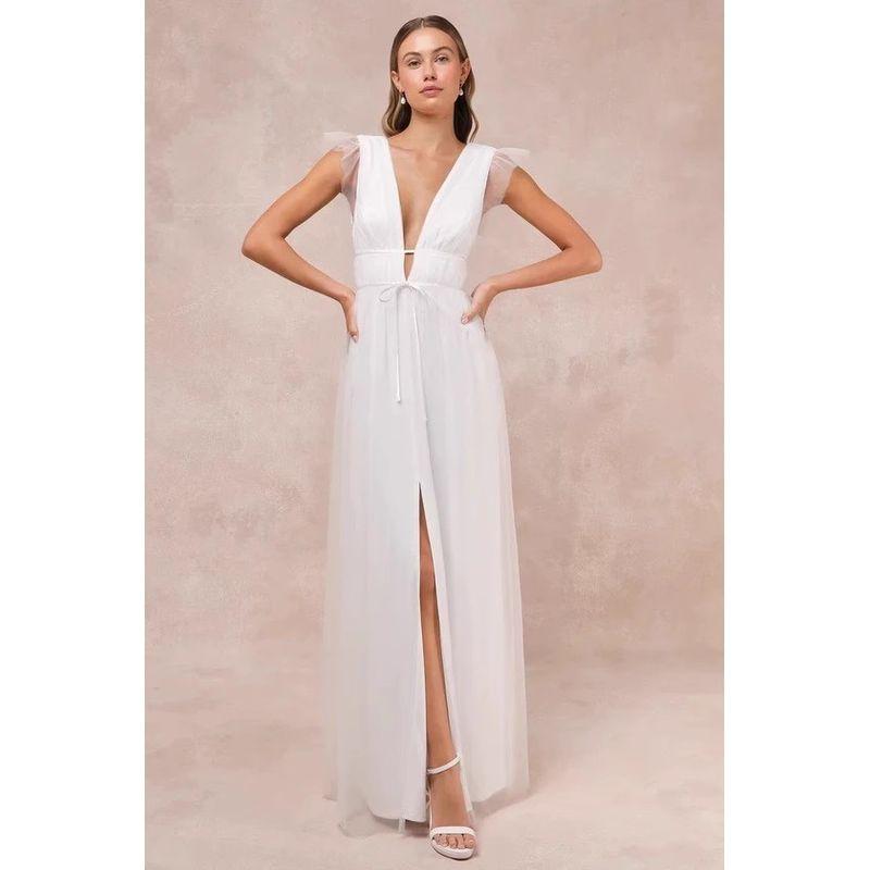 Foreign Trade Order Lu's Double V Sexy dresses for women Flying Sleeves Large Swing Skirt Annual Party Evening dress Lace-up Mesh Skirt