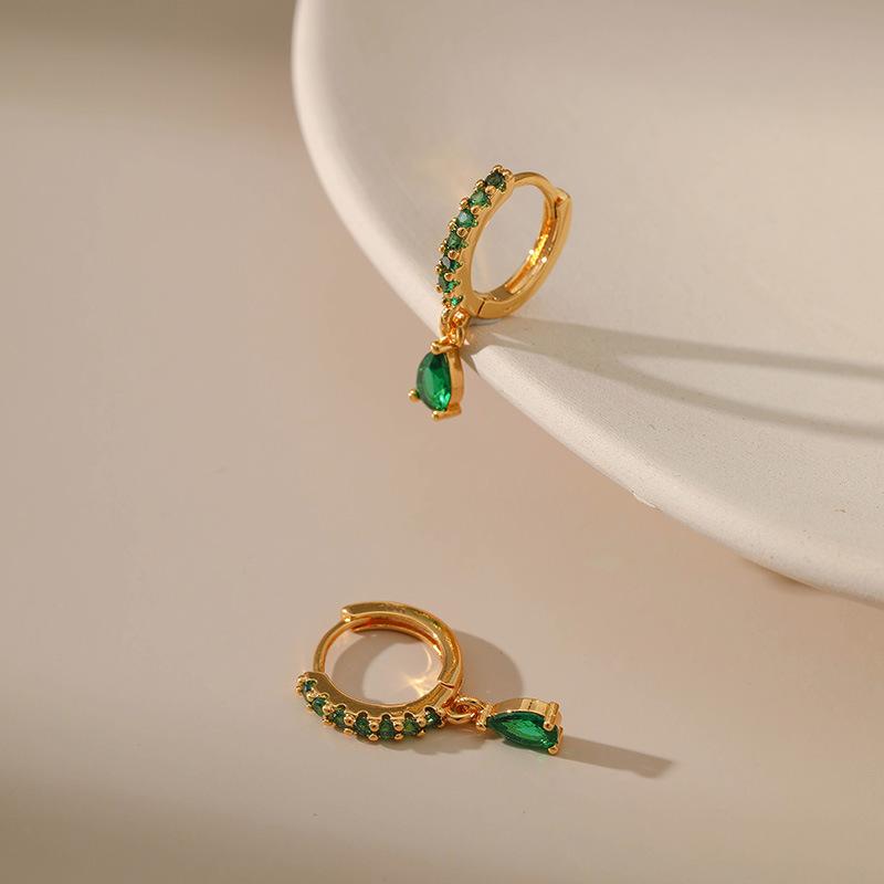 Gold Plated Green CZ Hoop Earrings With Teardrop Charm