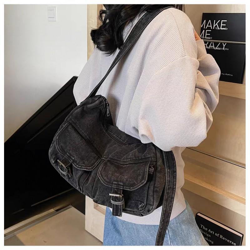 Hong Kong Style Retro Denim Niche Tote Bag Large Capacity Casual All-matching Commuting Shoulder Fashionable Women's