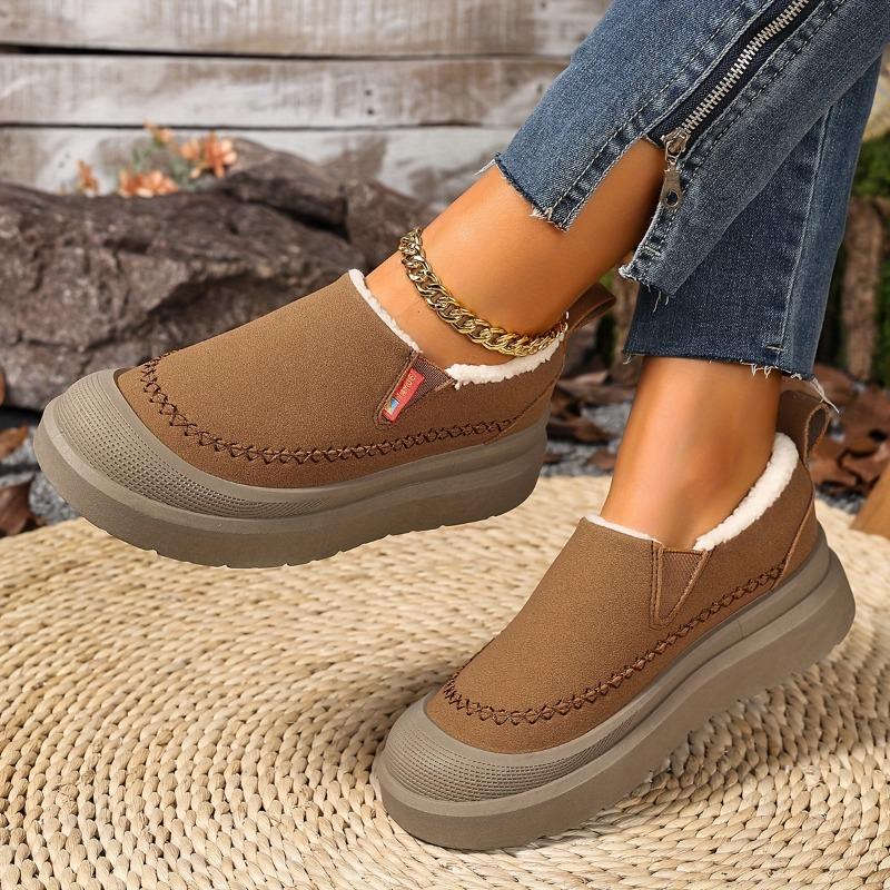 Women's Slip-On Winter Boots - Warm Brown Shoes with Cushioned Insole & Non-Slip PVC Sole - Cozy Indoor/Outdoor Footwear for Cold Weather - Easy