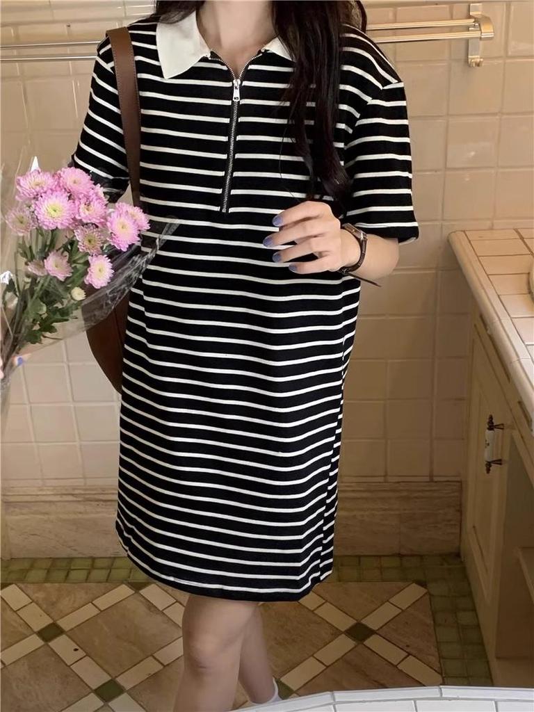 Summer 2025 Korean Sweet Sporty Striped Polo Collar Dress - Women's Short Sleeve Slimming Style