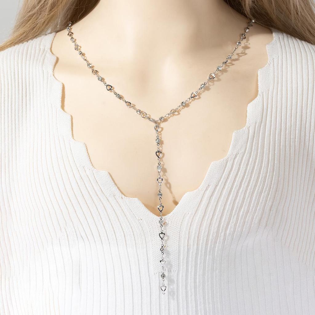 Cross-Border French Style Long Diamond Tassel Heart Choker Necklace for Women