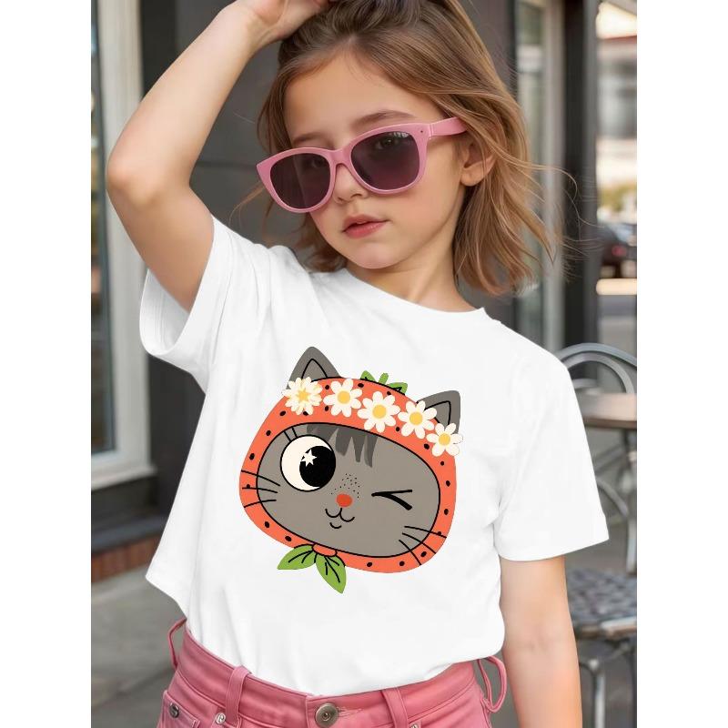 Girls Summer Crewneck Tee, Cute Cartoon Cat with Red Hat White Daisy & Starry Eyes Print Short Sleeve Top 110 белый