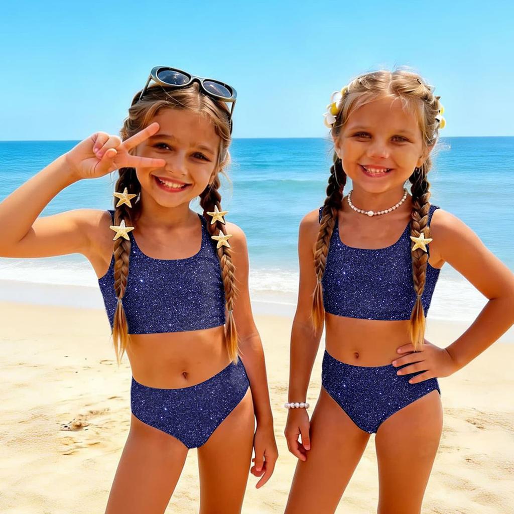 Costume da Bagno Due Pezzi per Bambina Set Top Corto Senza Maniche con Stampa di Paillettes e Slip a Vita Alta Costumi da Bagno per Bambini Estate Abbigliamento da Spiaggia
