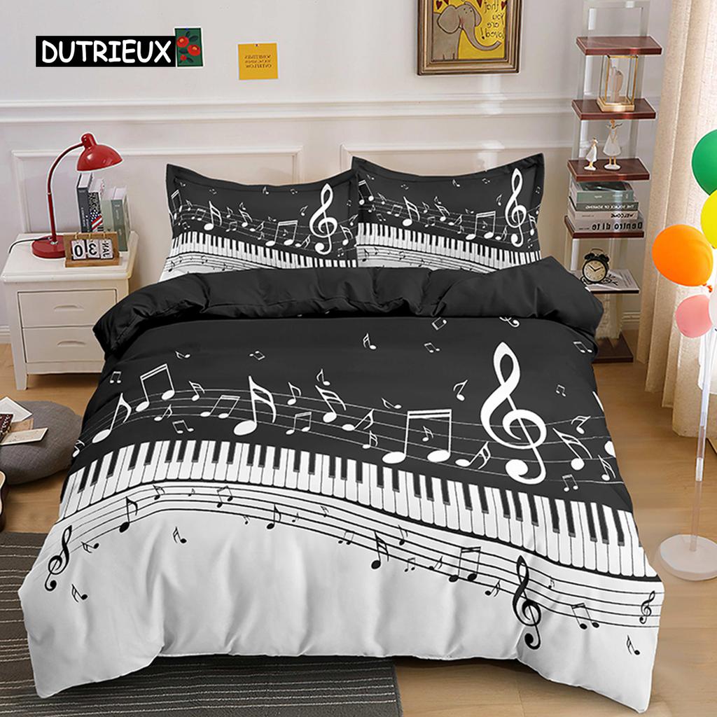 Piano Keys King Queen Duvet Cover 3D Cartoon Musical Notes Bedding Set for Kids Teens Adult Fashion Music Polyester Quilt Cover