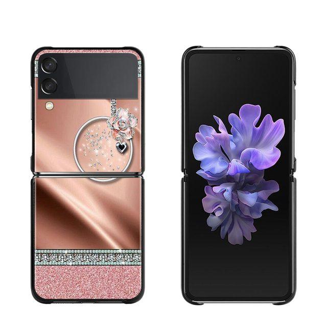 Phone Case For Samsung Galaxy Z Flip3 5g Back Cases For Samsung Z Flip Capa Black Shell Fundas Rose Pink Purple Bling Pattern