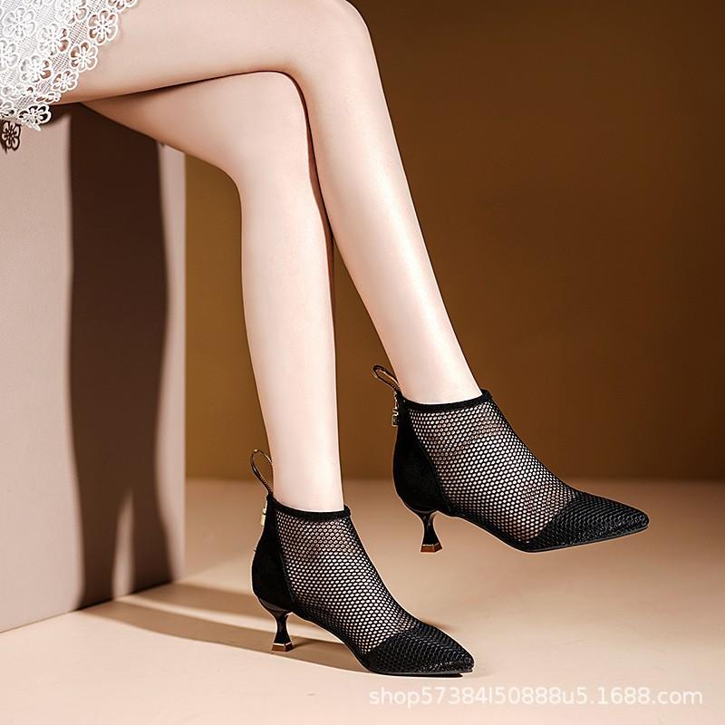

5cm mesh women s shoes new spring and autumn summer sandals women s casual breathable rear zipper middle heel thin heel cool boots 35 чёрный