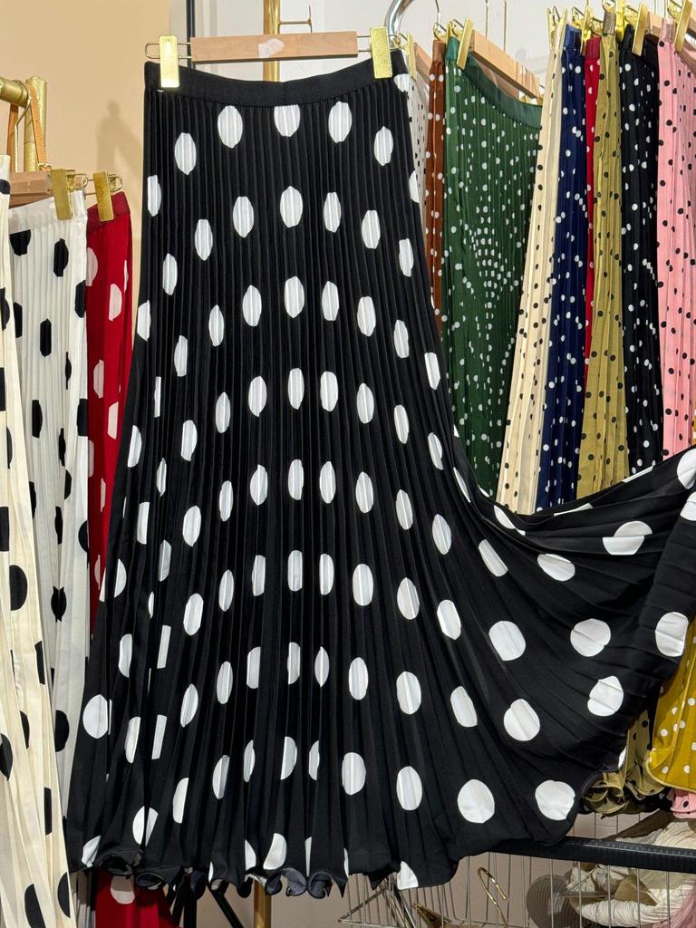 Multicolor Korean Style Chiffon High Waist Pleated Polka Dot Midi Skirt