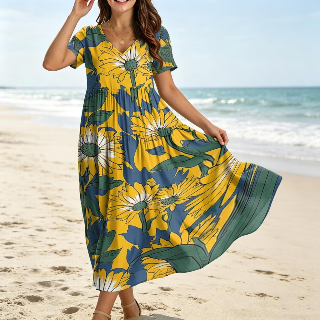 Women Casual Loose Bohemian Floral Dress Short Sleeve Long Maxi Summer Beach Swing Dress