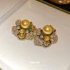Medieval vintage silver needle with diamonds pearl flower stud earrings exquisite light luxury earrings niche high-end earrings women