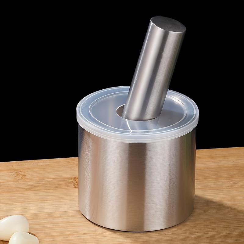 304 Stainless Steel Manual Garlic Press Set with Cylindrical Mortar for Home Garlic Crushing, Paste Making and Grinding