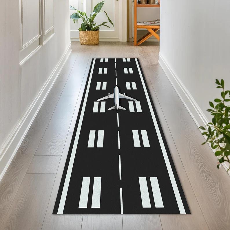 Airplane Runway Runner Rug Glow-Inspired Airport Hallway Carpet for Kids Pilot Gift Aviation Themed Modern Floor Mat Bedroom