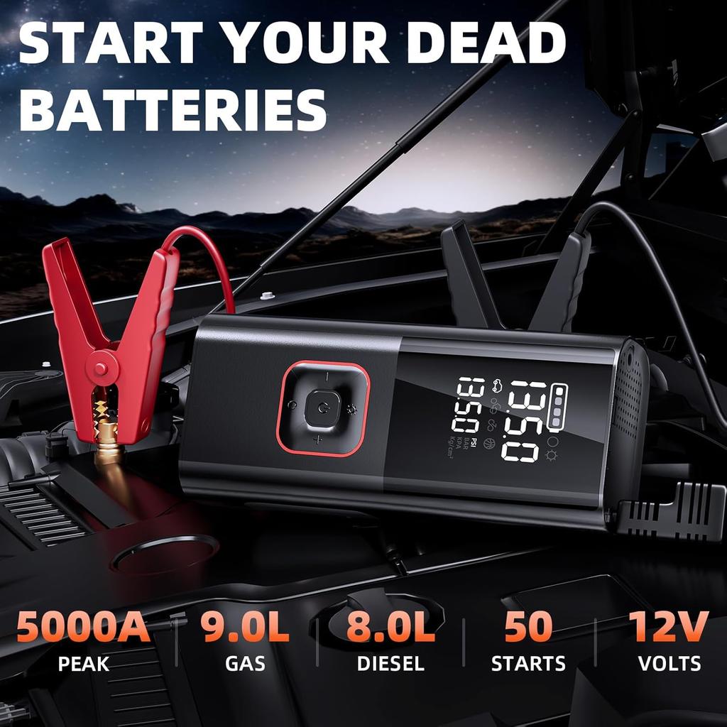 Portable 5000A Jump Starter with Air Compressor, 160PSI Auto-Shutoff Inflator, LED Light, 12V Car Battery Jumper Box with Cables