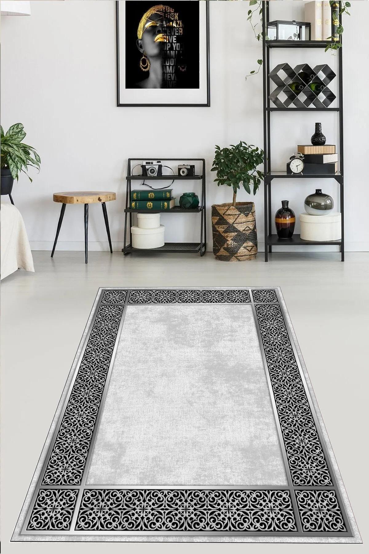 

YTRHOME Home Modern PL1001-1 Нескользящая точечная основа с цифровой печатью нового поколения, ковер для гостиной, кухни, прихожей и напольный коврик 50 x 80 чёрный/серый