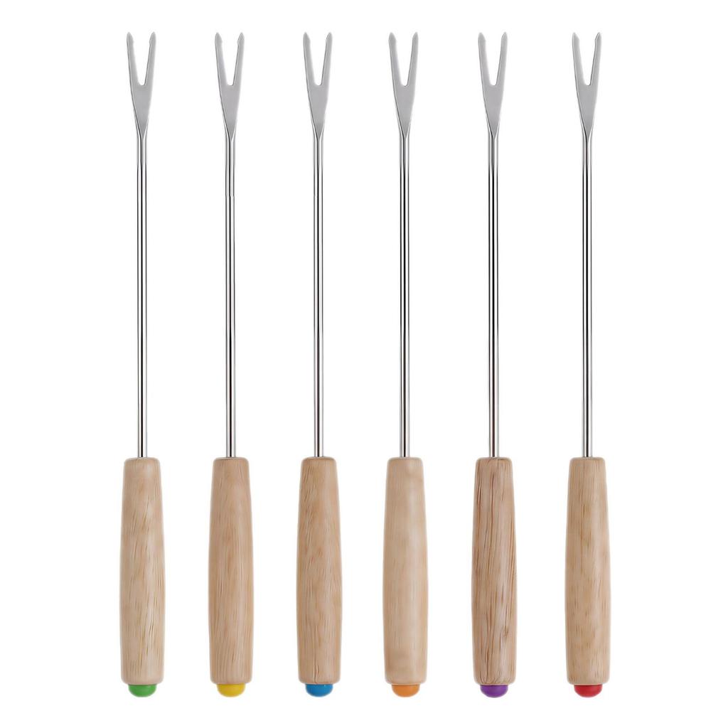 Oak Handle Fondue Fork Set - 6 Pieces for Cheese, Bread & Chocolate