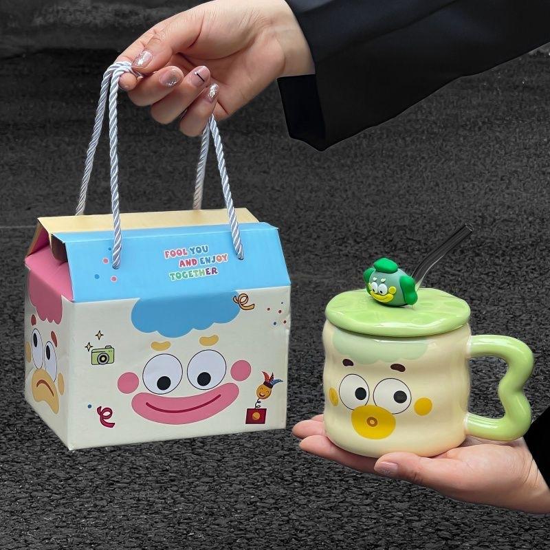 Funny Clown Mug High looking Ceramic Cup with Lid Spoon Couple Drinking Water Cup for Girls Birthday Gift Retro