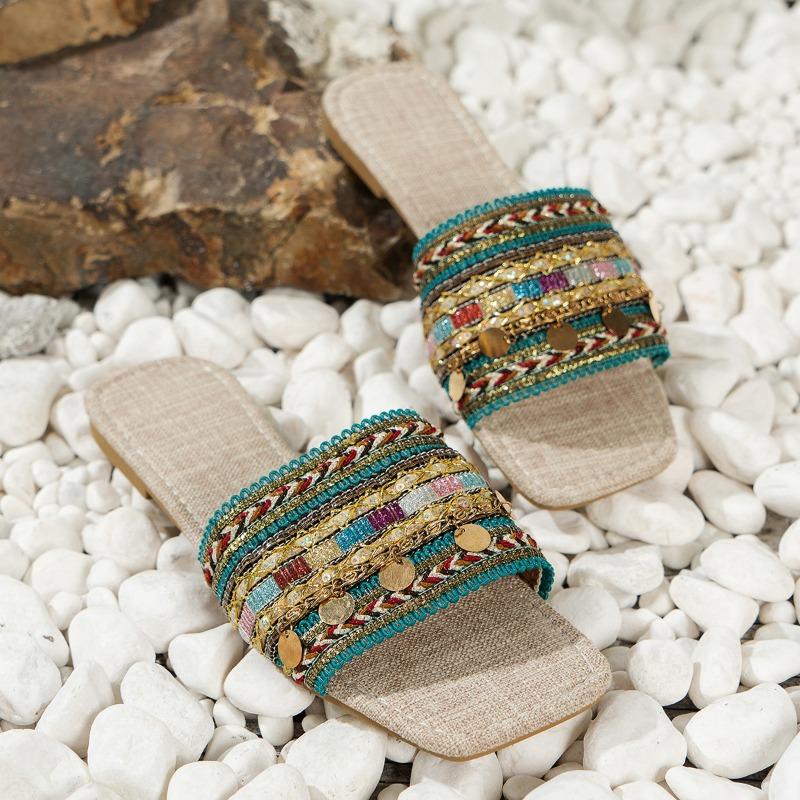 Summer New Large Size One-word Cool Slippers Flat-bottomed Fish Sequins Candy-colored Women's Slippers