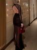 European-American Style Sexy See-Through Long Dress - Slim Fit, Round Neck, Open Back, Long Sleeve, Slit, Spring/Summer New Arrival