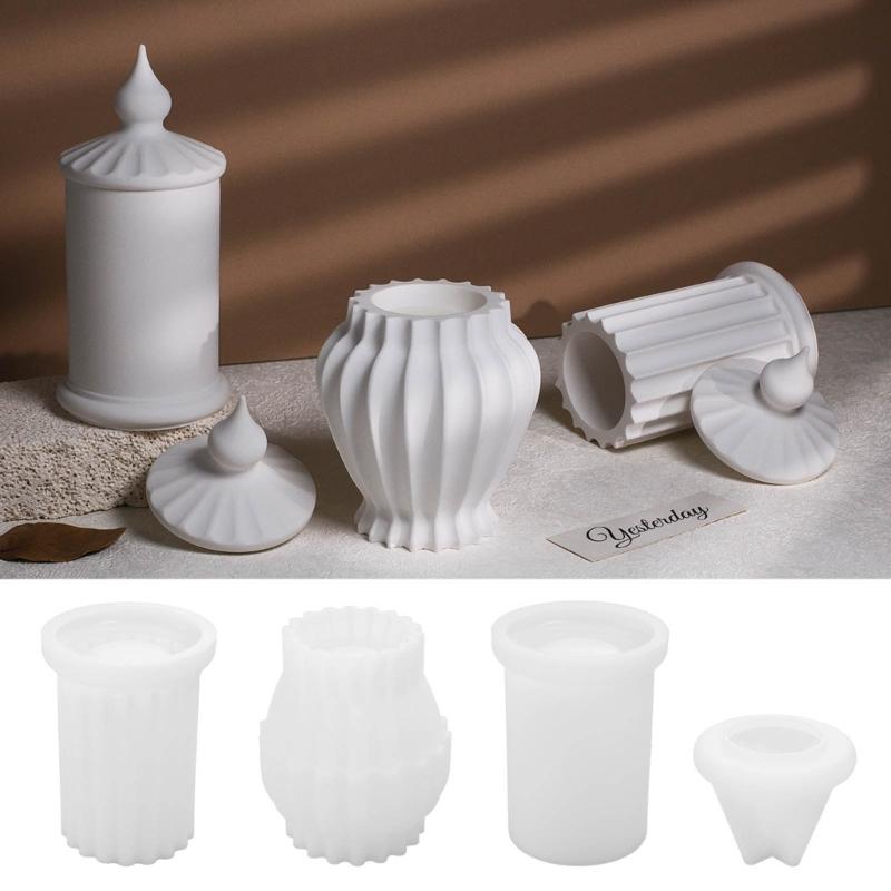 Striped Cylinder Resins Jar Molds Candlestick Molds for Making Candlestick Tealight Holder Storage Jar, Resins Lid Molds