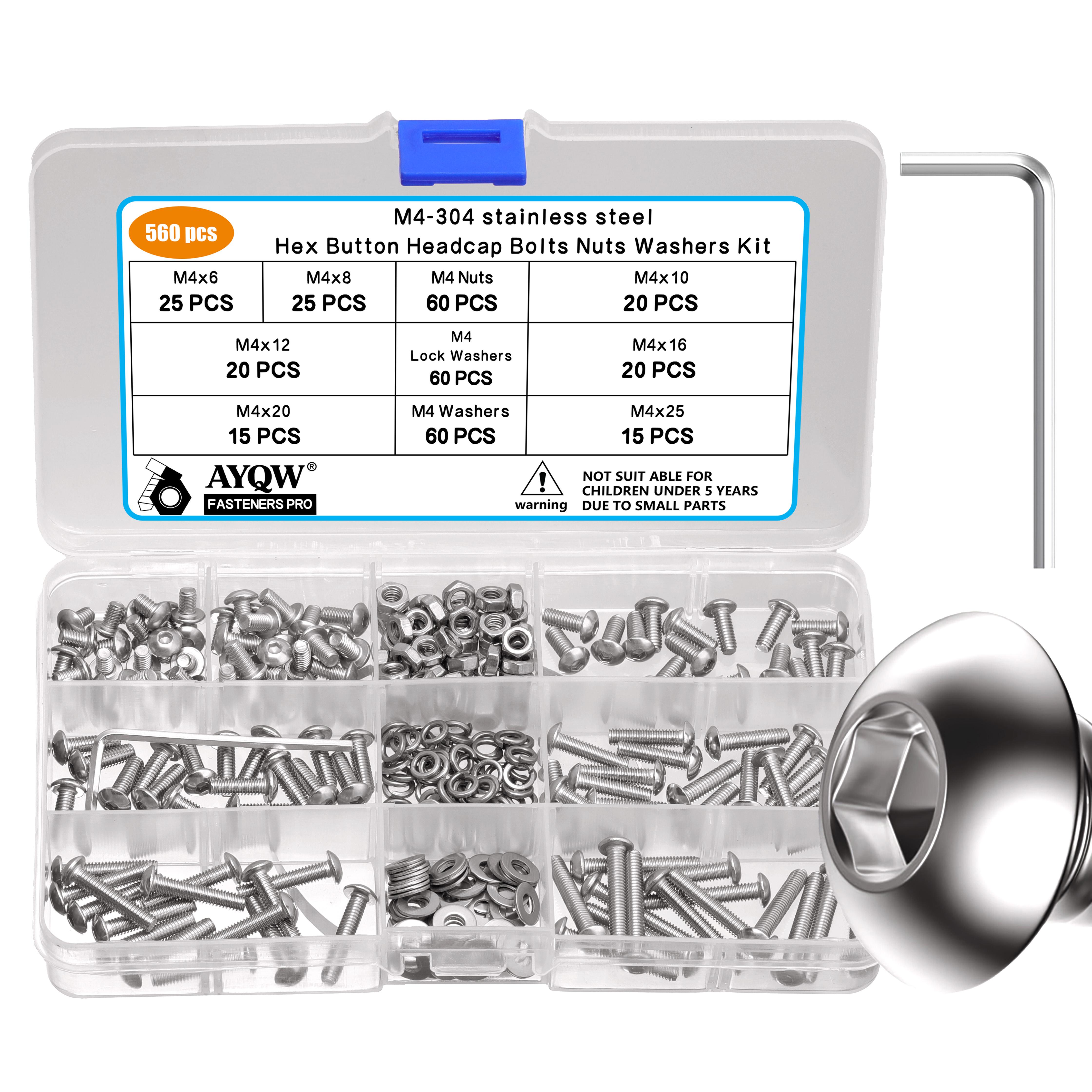 

360/460/560pcs Stainless Steel Allen Screw and Bolt Combination Set | M4, M5, M6 Hex Head | Includes Flat Washer Wrench