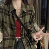 Vintage Dark Green Plaid Shirt Women Long Sleeve Oversized American Casual Fall Layering Top Blouse Coat Jacket