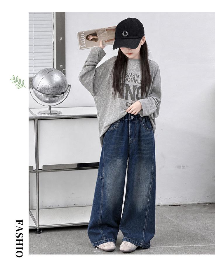 Girls' Autumn 2026 Wide Leg Jeans: Trendy Loose Fit Straight Banana Pants for Medium and Large Children