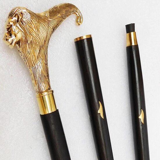 Solid Brass Lion head Vintage Designer Wooden Walking Stick Cane Antique Gift