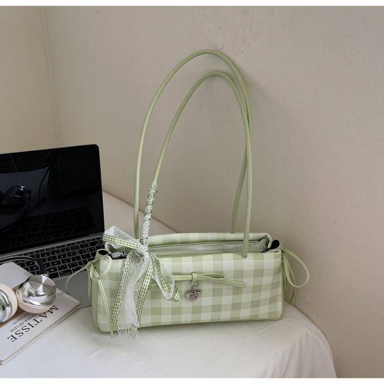

Sweet and cute plaid large-capacity girls class commuter bag 2025 new fashionable versatile underarm bag method stick bag зелёный
