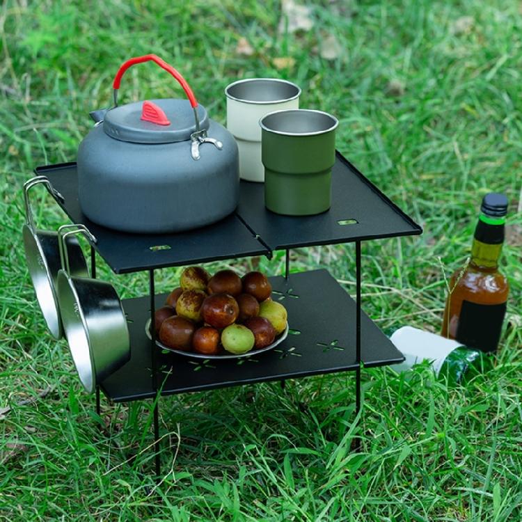 Double Layer Camping Table Metal Alloy Picnics Table Grid & Metal Plate Camping Table Outdoor Camp Storage Rack