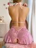 Pink Hanging Neck Lingerie Adult Erotic Costume Deep V Crotchless Woman Underwear Sex Night Open Dress Bodysuit Sexy Jumpsuit
