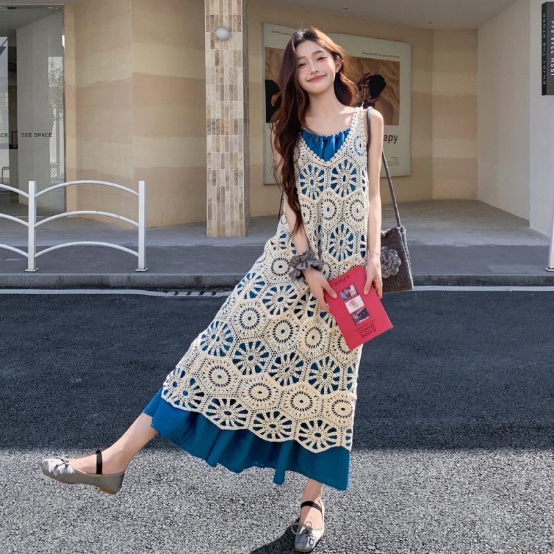 

Синее платье на подтяжках в стиле расслабленного отдыха, женский летний новый комплект из двух предметов: блузка с многослойным полым узором и юбка. XL синий