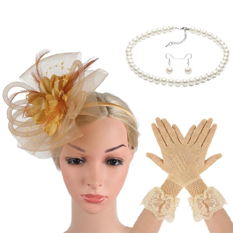 4in1 Fascinator Derby Headpiece with Earrings Necklace Lace Gloves For Horse Racing Party Masquerades Roleplay Headpiece