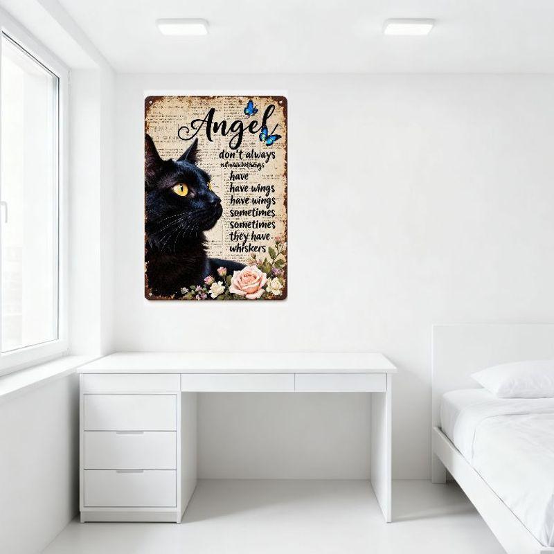 Vintage Black Cat Metal Sign with Yellow Eyes, 'Angel' Cursive Text, Butterflies, Rustic Whiskers Quote - Old Newspaper Backgrou