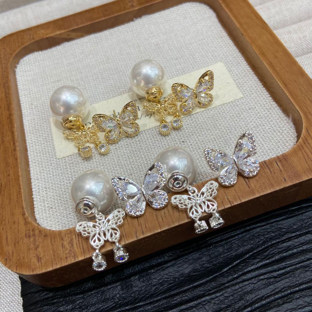 Copper Plated Thick Silver Super Fairy Inlaid Zircon Butterfly Tassel Two Wearing Earrings Female Sweet Temperament Stud Earrings