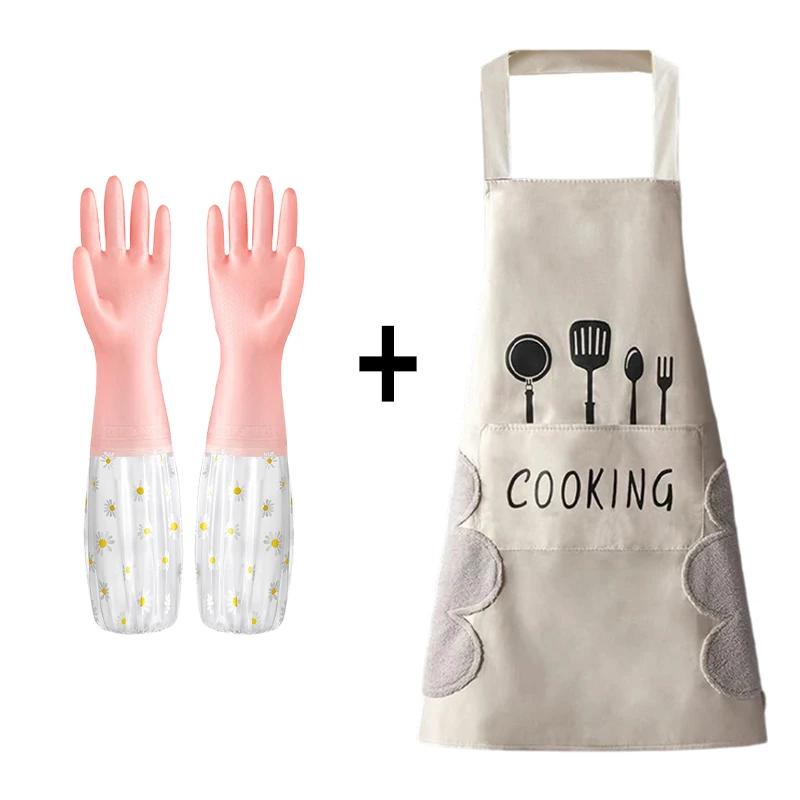 Waterproof Housework Cleaning Gloves and Can Wipe Hands Apron Set Kitchen Cleaning Latex Winter Warm Dishwashing Laundry Gloves