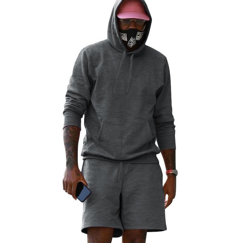 Men's Fleece Hoodie Shorts Two-piece Loose Solid Color Casual Sports Men's Suit
