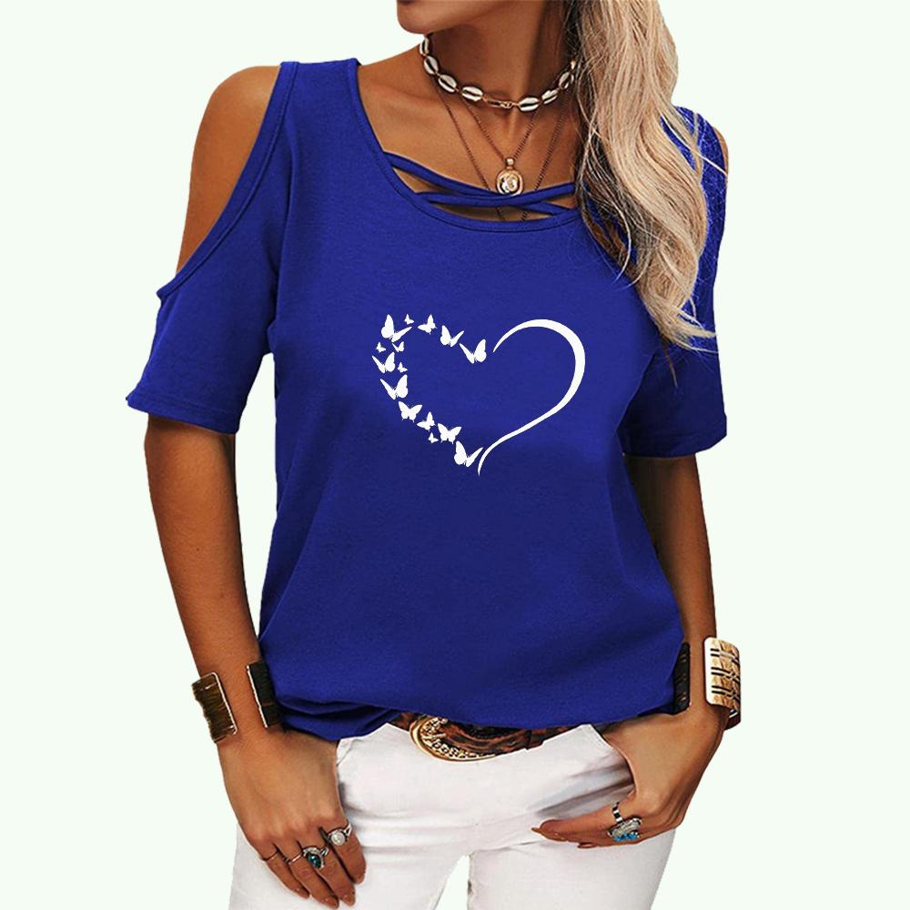 Women Casual Round Neck T-shirt Summer&fall Heart Shape Printed Short Sleeve Top Female Fashion Off Shoulder Tee Shirt