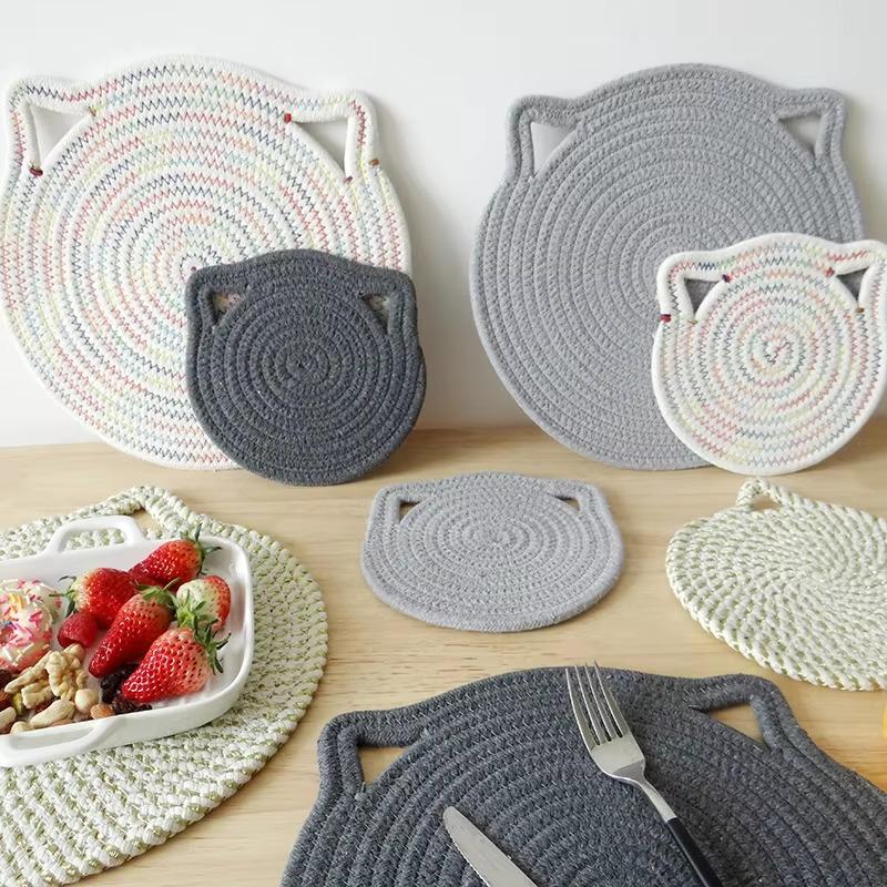 30cm simple solid color cat ear cotton rope placemat kitchen insulation and heat-resistant pad cotton thread pot mat cup mat
