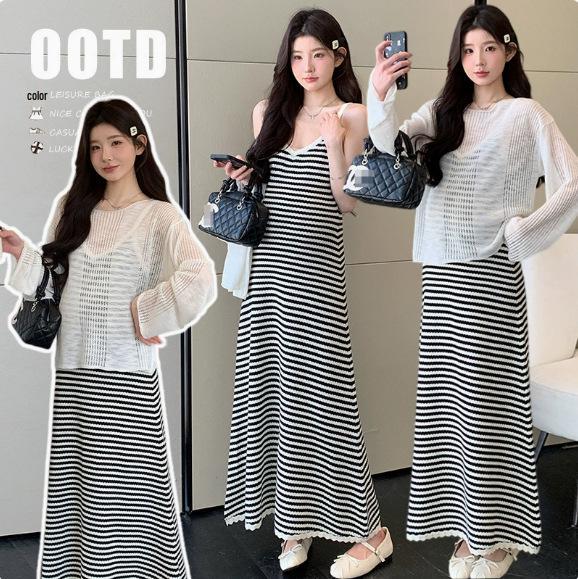 2026 Spring/Summer Striped V-neck Camisole Dress & Loose Knit Cardigan L
