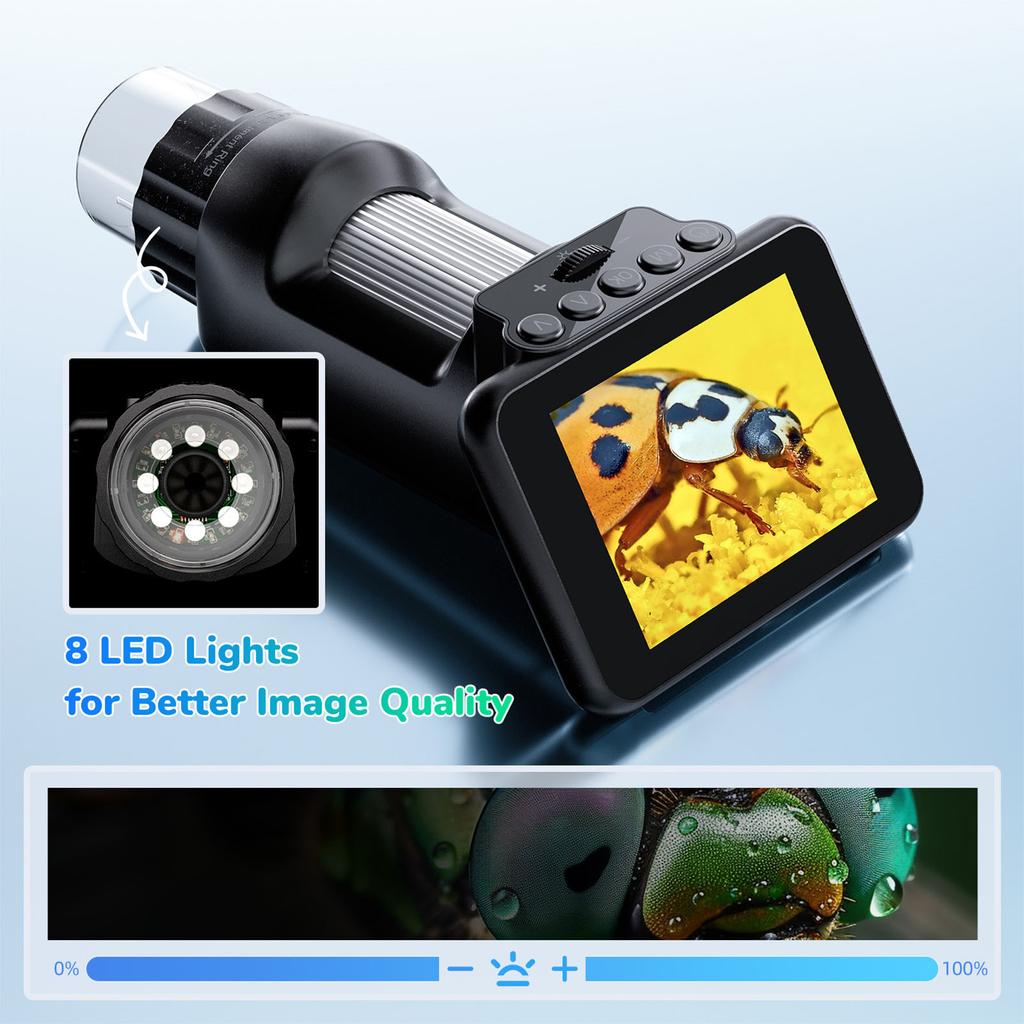 Digital Microscope with 8 LED Lights 2.8 Inch Screen Handheld Magnifier Camera USB PC View 1080P Video Anti Shake