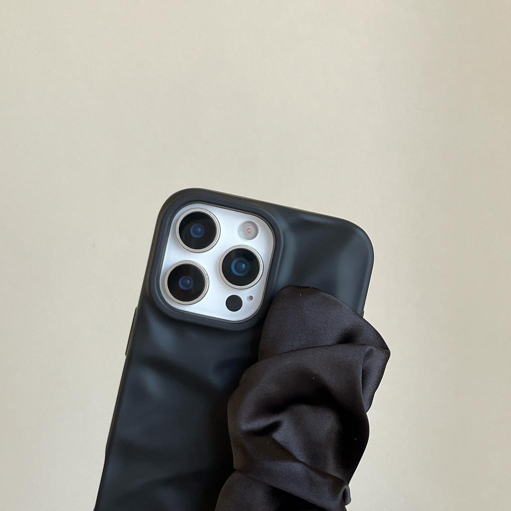 Minimalist Irregular Wrinkle Phone Case with Silk Scarf Wristband for iPhone 11-17 Series, TPU Shockproof Cover with Skin-Friendly Matte Finish
