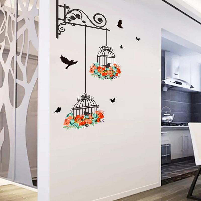 Colorful Flower Birdcage Flying Birds Wall Sticker Creative Home Decor Decals