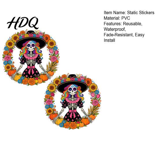 Versatile DIY Window Paster Day of the Dead Sugar Skull Lady Static Cling Día De Los Waterproof PVC Clings Muertos Sunflower Wreath Glass