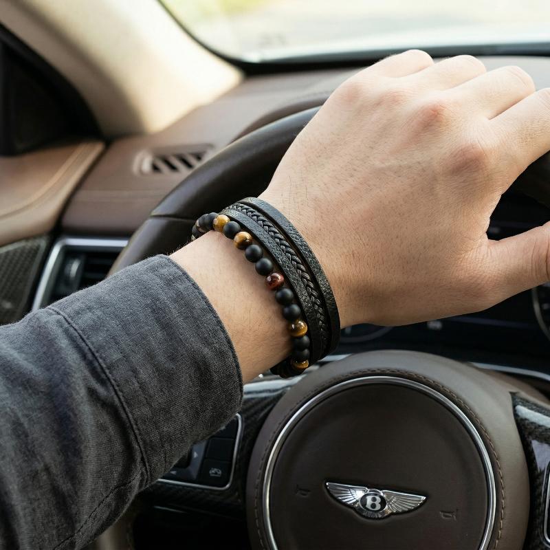 Beads Leather Bracelet Men Classic Tiger Eye Beaded Multi Layer Leather Bracelet For Men Jewelry Gift