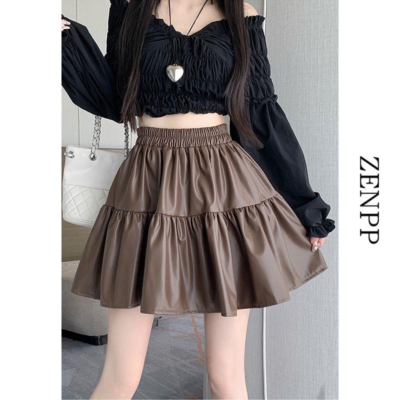 2025 Retro Brown Pleated Leather A-line Mini Skirt - Autumn/Winter XXL