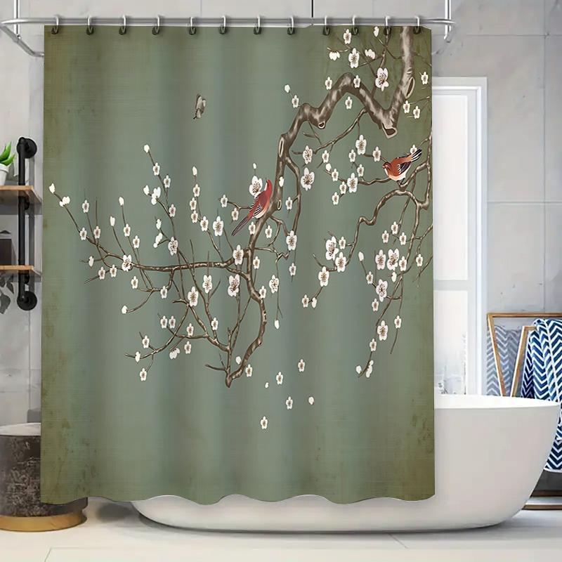 

Elegant Blossom Branches Birds Shower Curtain Green Background Nature Inspired Waterproof Durable Easy to Clean and Maintain 90X180cm(35x70in)