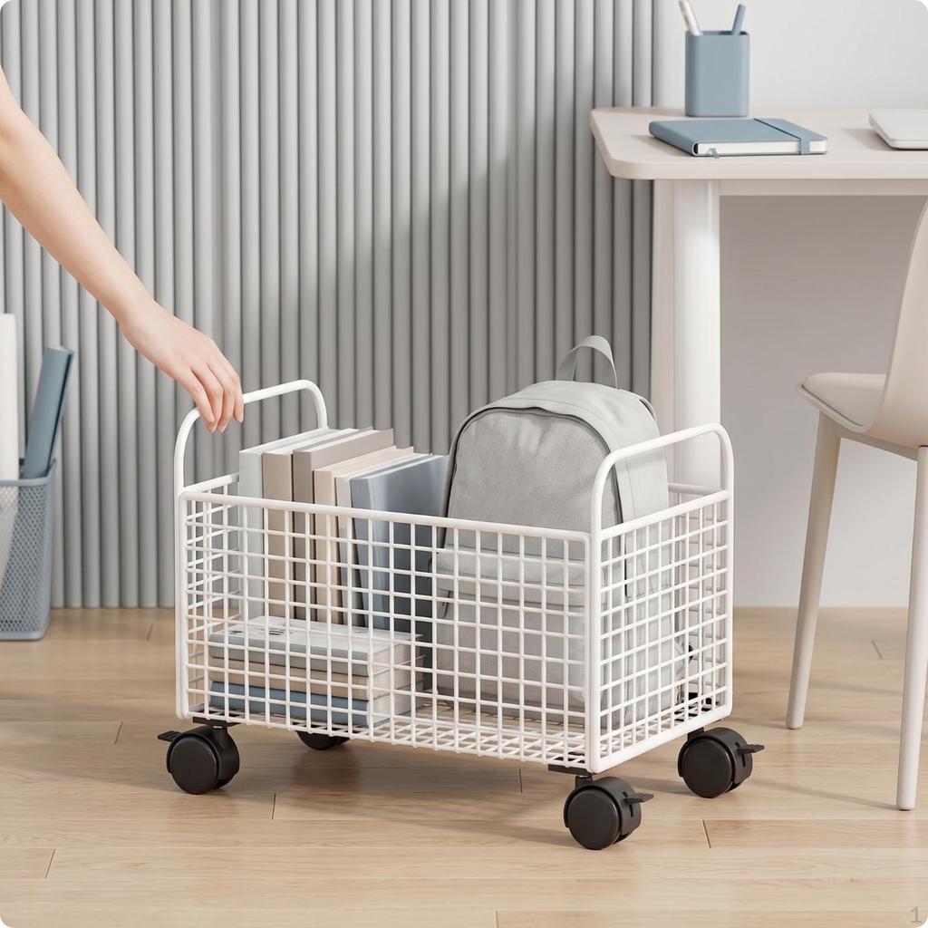 Carrello portaoggetti in filo metallico rettangolare, resistente, con ruote, griglia aperta per aula, scrivania, bianco, L
