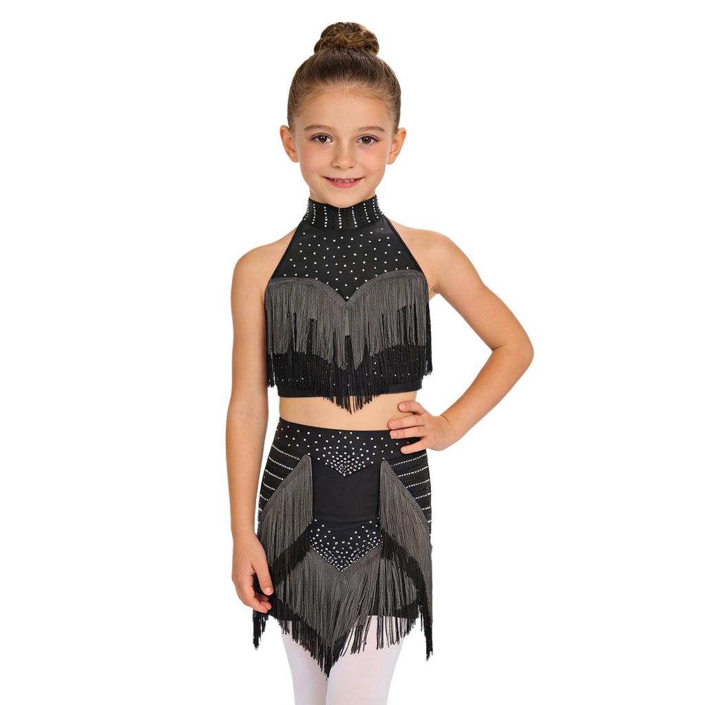 Eye-Catching Latin Dance Top with Skirt for Girls: Halter Neck Rhinestone Tassel Crop Top & Attached Briefs Skirt for Recital