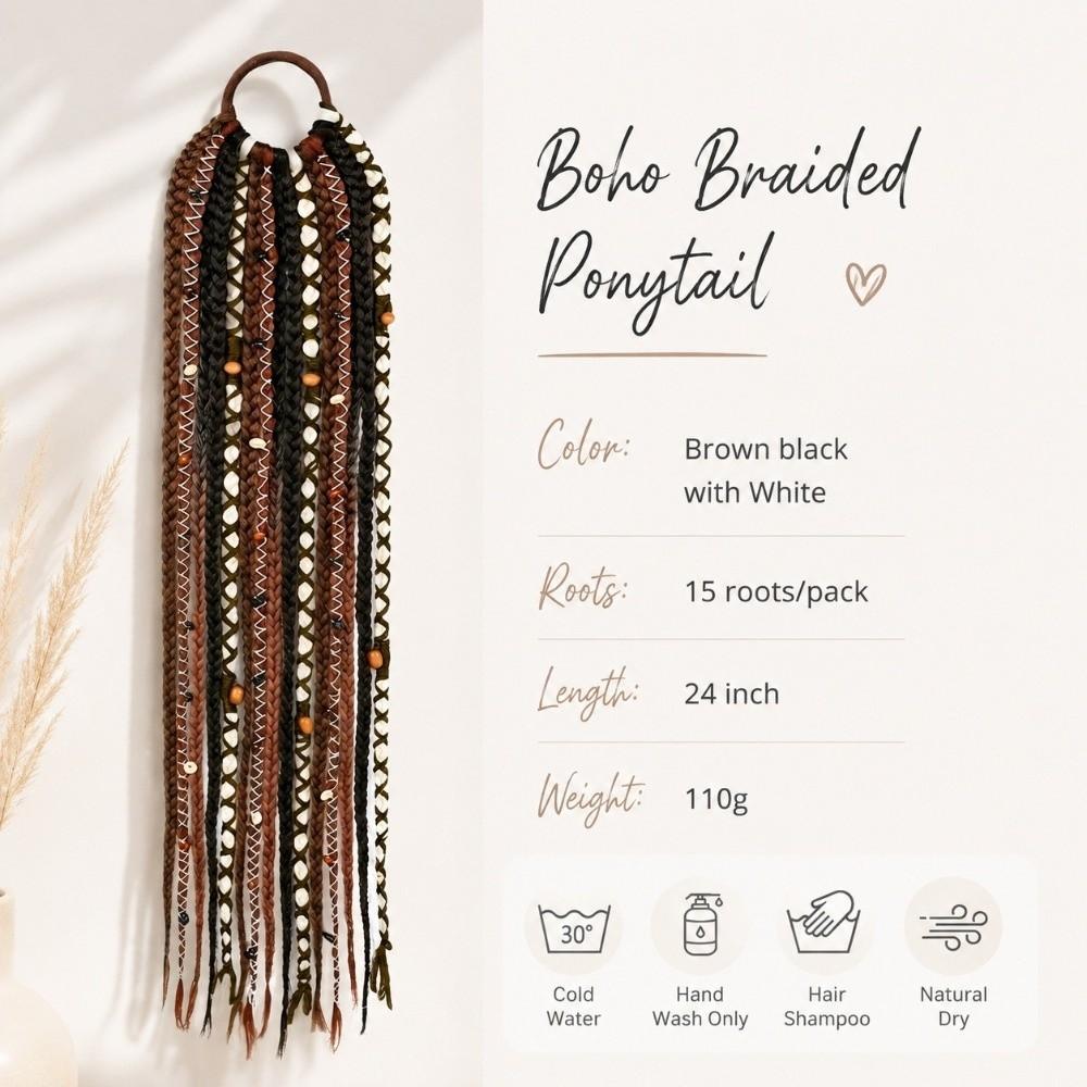 Beaded Accents Braided Ponytail Extension Hand Woven Boho Braid Dreadlock Hairpiece Daily Styling